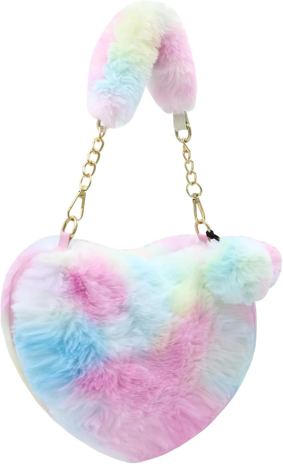 Cute Heart Faux Fur Crossbody Bag for Women Girls Fluffy Tie Dye Plush Shoulder Handbag Clutch Purse with Pompom