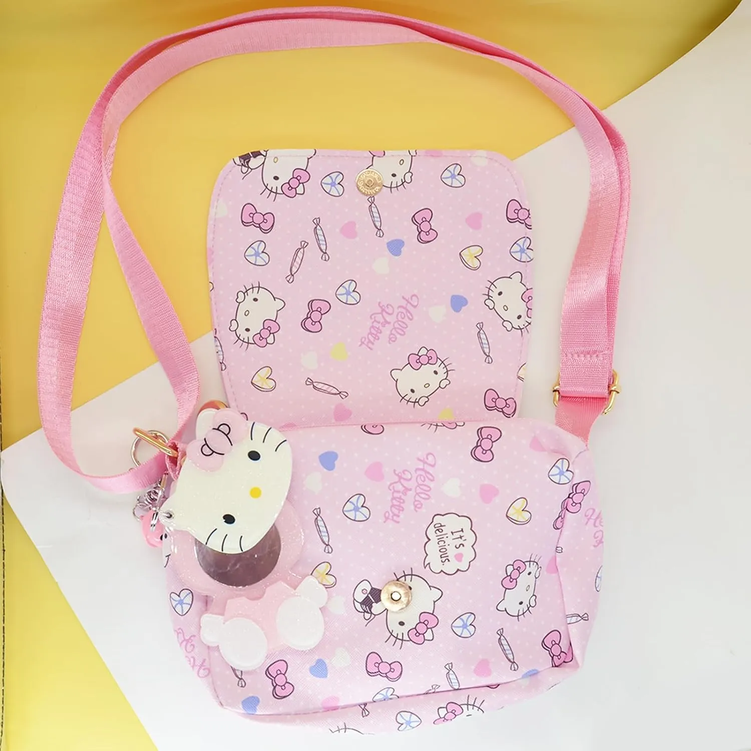 Cute Kitty Crossbody Bag with Adjustable Shoulder Strap and Mirror, Kawaii Handbag with Buckle, Kitty Family Wallet Purse Shoulder Bag Coin Pouch Accessories for Women Girls