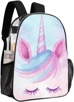 Cute Magical Rainbow Unicorns Face Backpack Transparent Anti-Theft Multipurpose Bookbag Large Capacity Laptop Book Bag Rucksack With Side Pockets