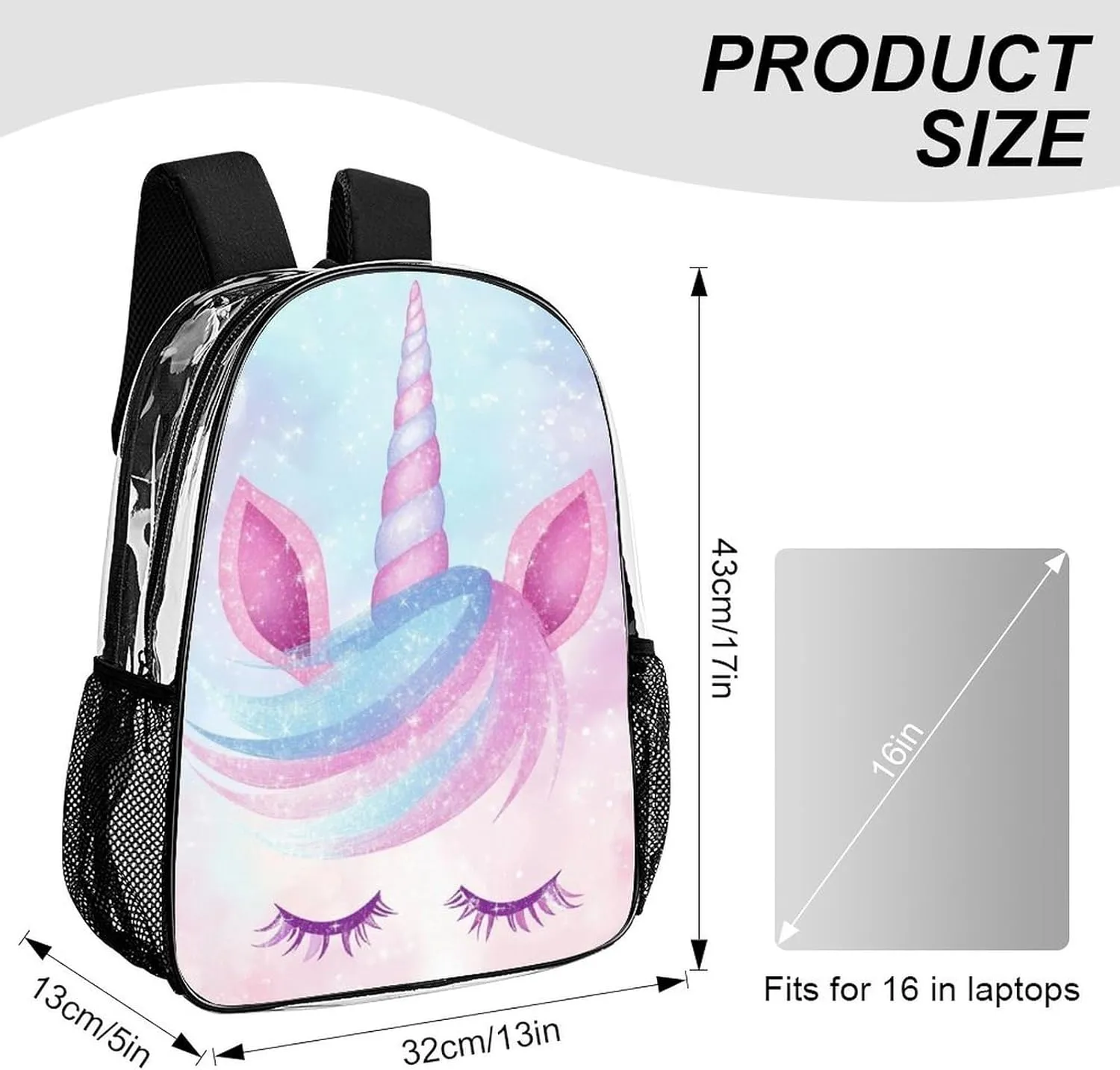 Cute Magical Rainbow Unicorns Face Backpack Transparent Anti-Theft Multipurpose Bookbag Large Capacity Laptop Book Bag Rucksack With Side Pockets