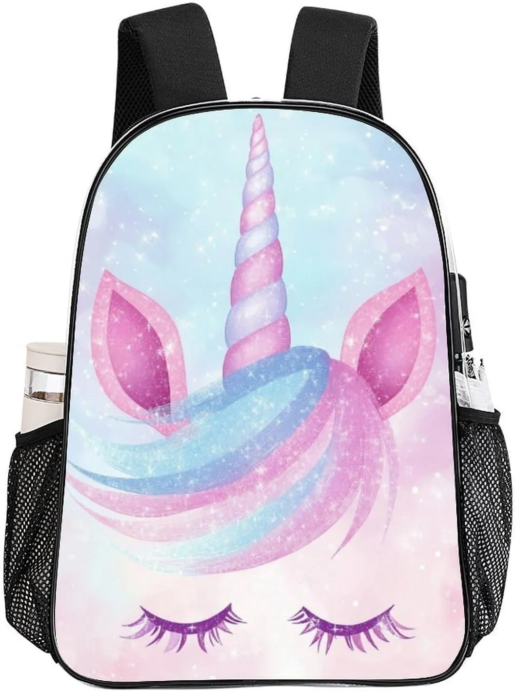 Cute Magical Rainbow Unicorns Face Backpack Transparent Anti-Theft Multipurpose Bookbag Large Capacity Laptop Book Bag Rucksack With Side Pockets