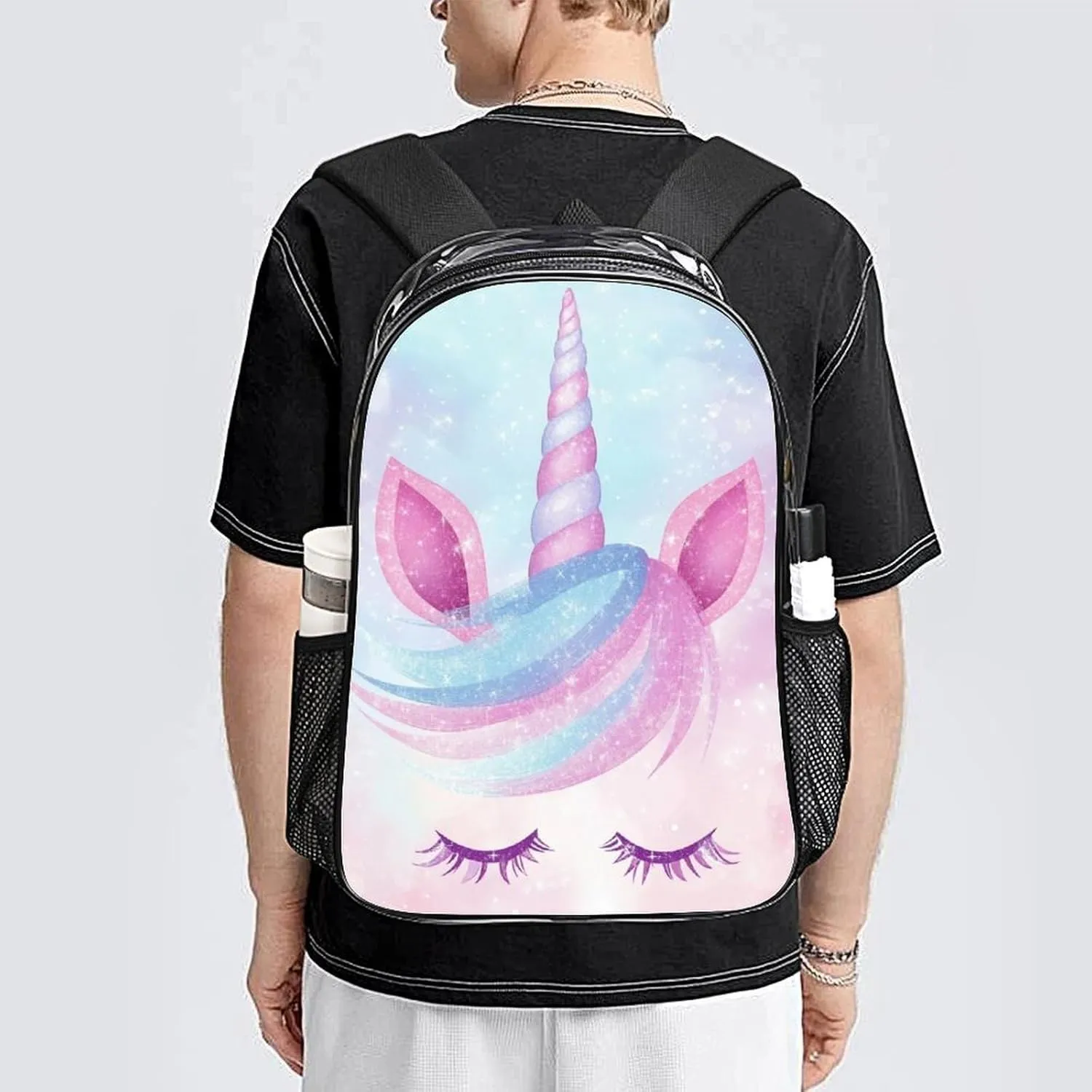 Cute Magical Rainbow Unicorns Face Backpack Transparent Anti-Theft Multipurpose Bookbag Large Capacity Laptop Book Bag Rucksack With Side Pockets