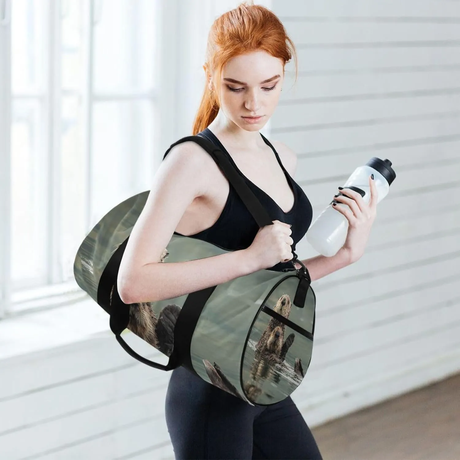 Cute Mother Sea Otter Hug in the Water in Kodiak, Alaska Portable Gym Bag, Travel Bag, Luggage bag, Sports Bag, Toiletry Bag with Handles, Detachable Shoulder Strap 17.6 x 9 x 9 inch