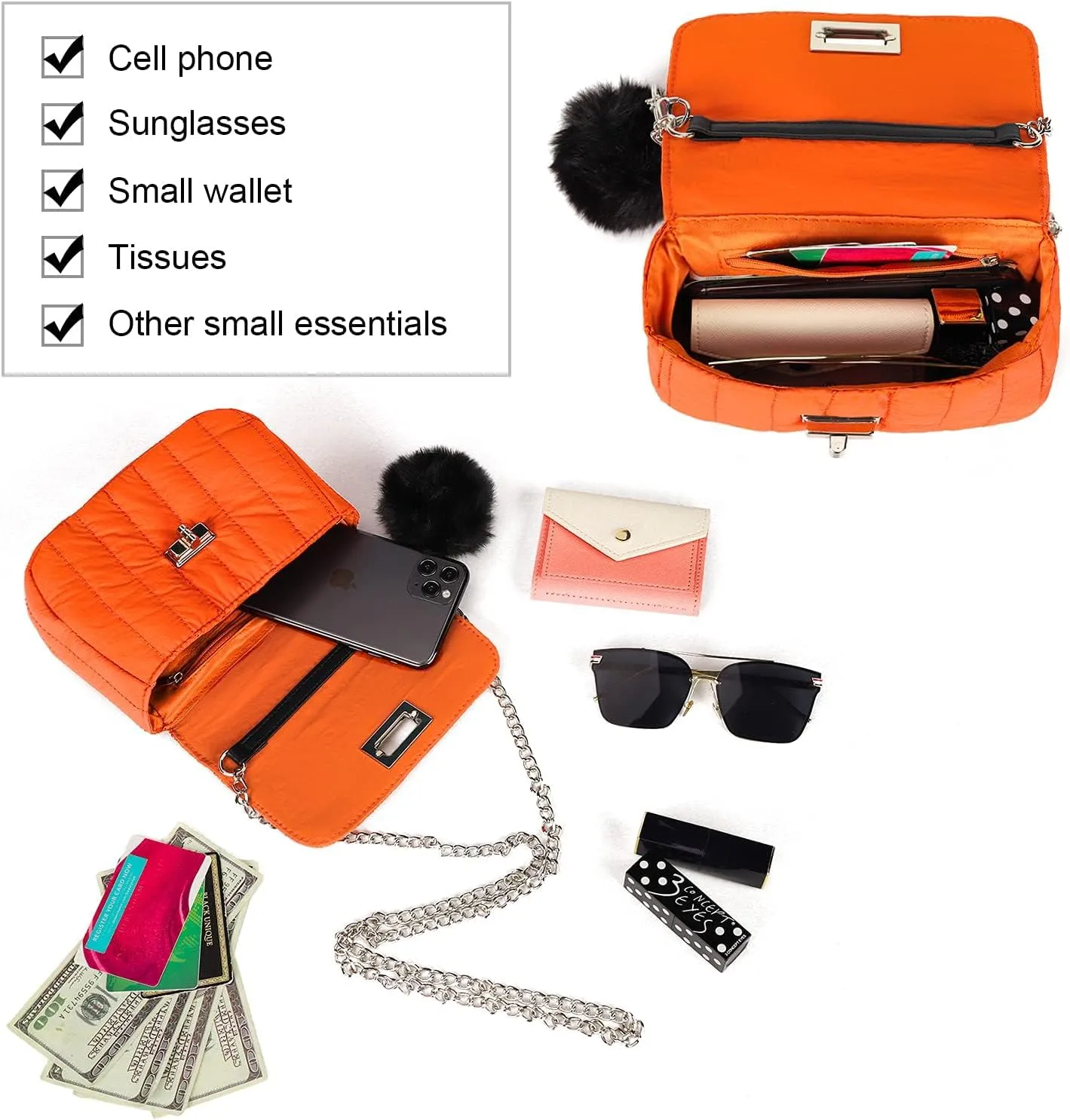 Cute Purses for Teen Girls Gifts, Small Purse and Quilted Crossbody Bags for Women with Chain, Nylon