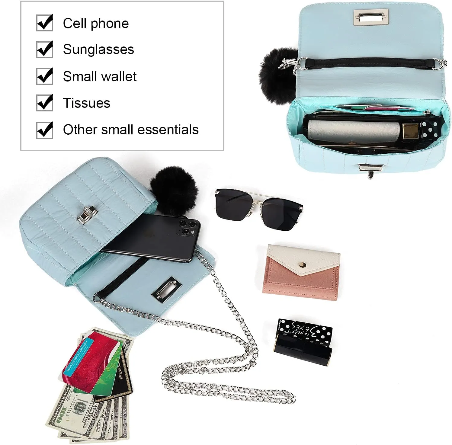 Cute Purses for Teen Girls Gifts, Small Purse and Quilted Crossbody Bags for Women with Chain, Nylon
