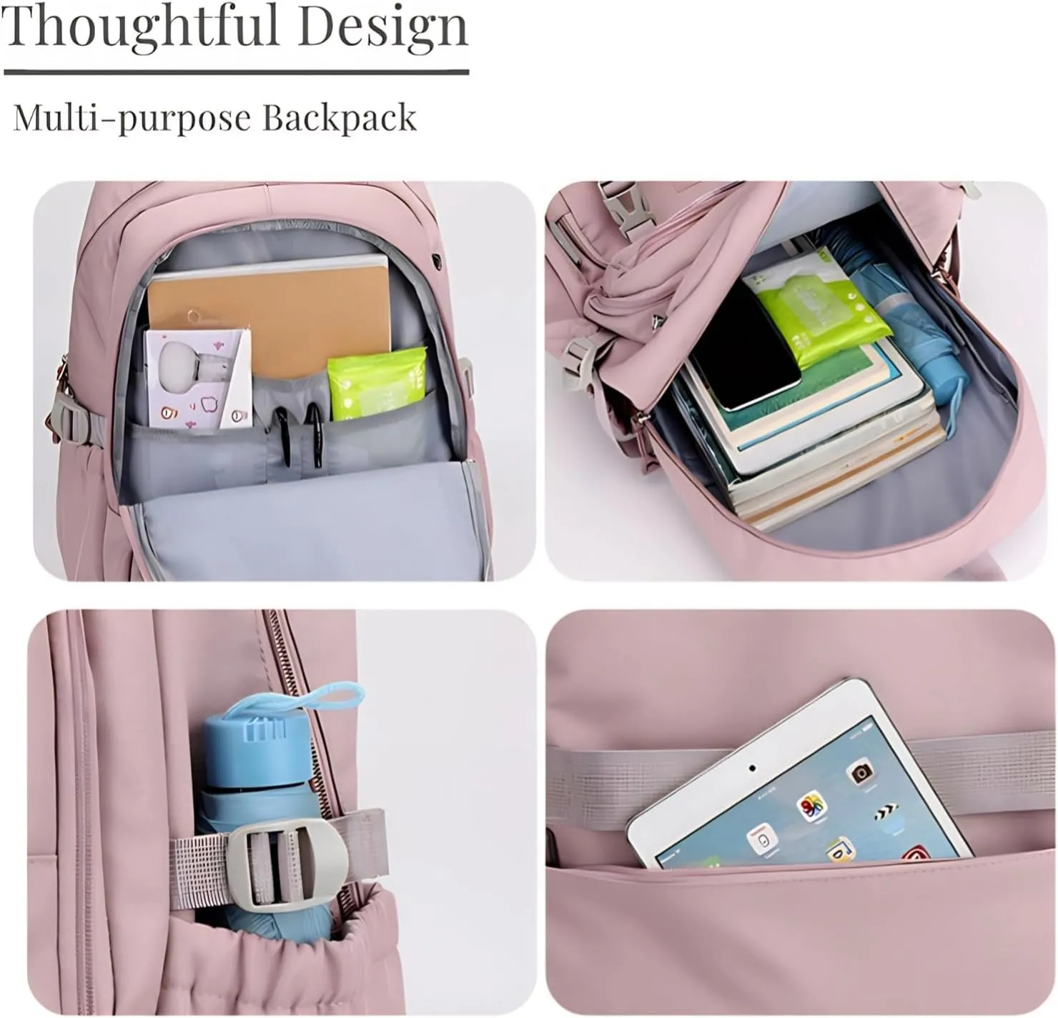 Cute School Laptop Backpack with Large Capacity Multiple Pockets for Girls Travel Friendly with Luggage Strap Accessory Included (Grey)