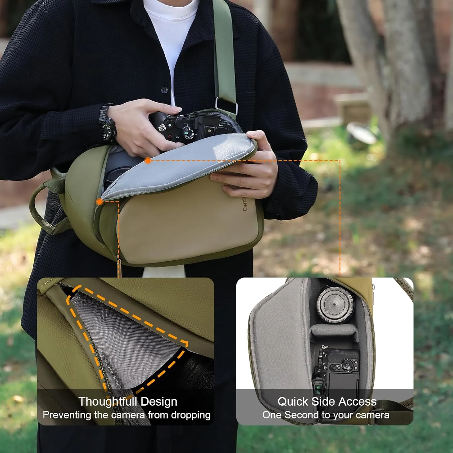 Cwatcun Camera Sling Bag Small DSLR/SLR/Mirrorless Compact Camera Bag Water-resistant Camera Shoulder Case Crossbody Photography Purse Compatible with Canon/Nikon/Sony/Fuji Camera,Lens,Green