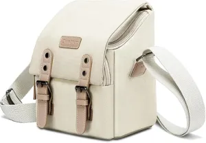 Cwatcun Compact Camera Bag Purse Case Canvas Leather Trim Compatible for Nikon, Canon, Sony Mirrorless Camera and Lenses Waterproof, Camera Shoulder Messenger Bag Beige