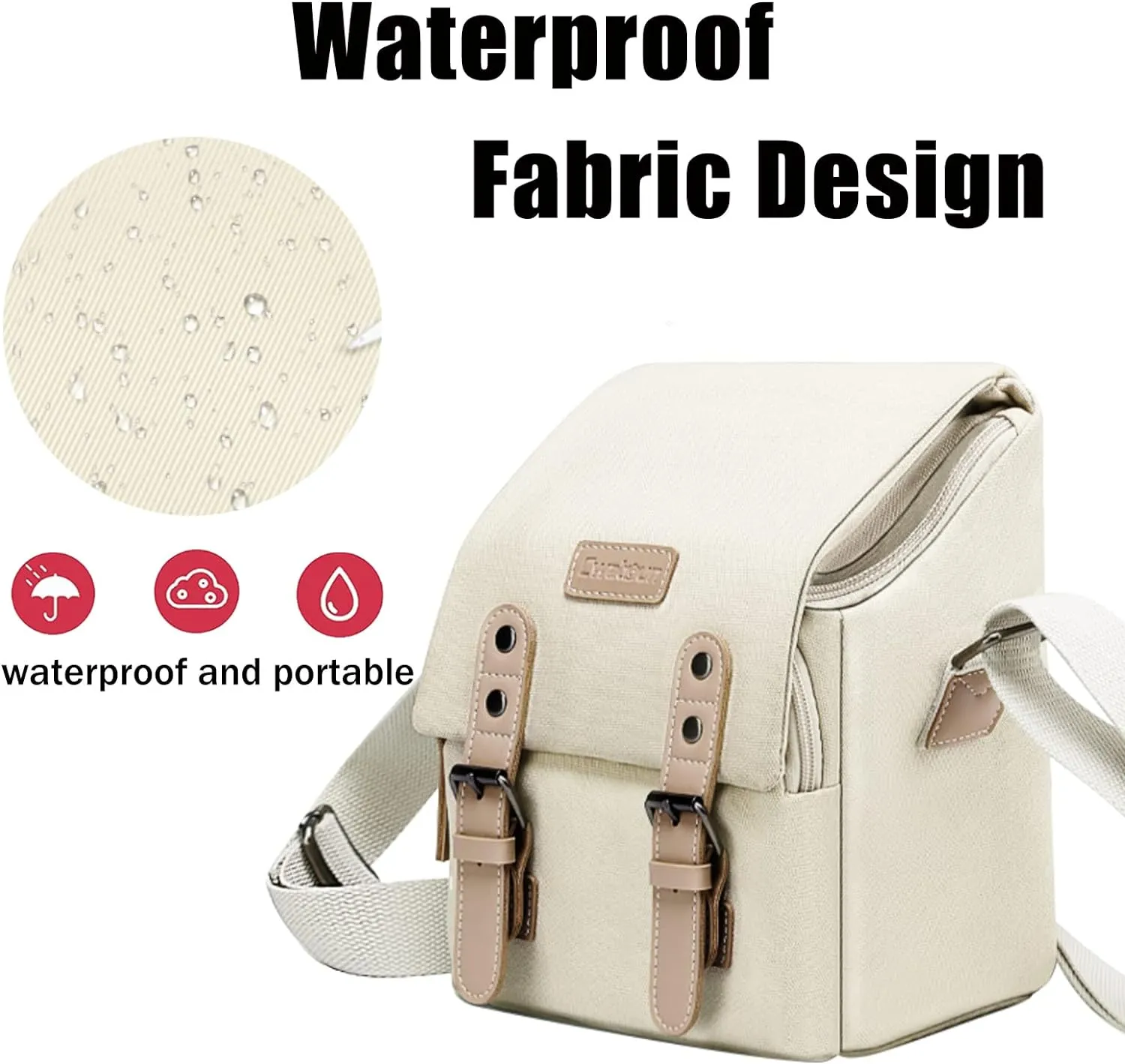 Cwatcun Compact Camera Bag Purse Case Canvas Leather Trim Compatible for Nikon, Canon, Sony Mirrorless Camera and Lenses Waterproof, Camera Shoulder Messenger Bag Beige