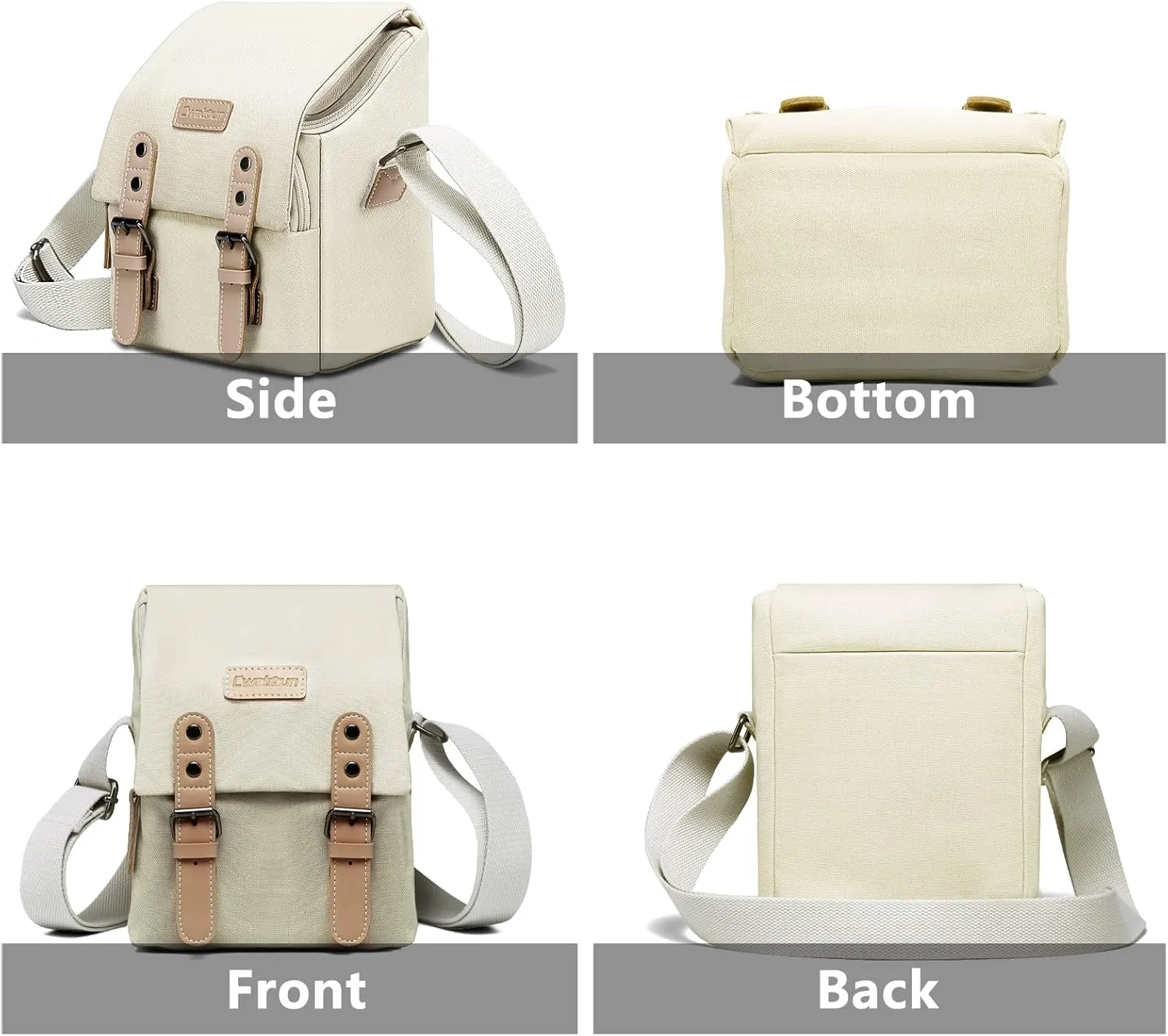 Cwatcun Compact Camera Bag Purse Case Canvas Leather Trim Compatible for Nikon, Canon, Sony Mirrorless Camera and Lenses Waterproof, Camera Shoulder Messenger Bag Beige