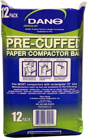 Dano Pre-Cuffed Compactor Bags (12 Pack) - Precuffed, Garbage Compactor, Kitchen Lining, Hardware for Home Use, Durable Material, Kitchen Essential, Paper & Plastic Lined Bags