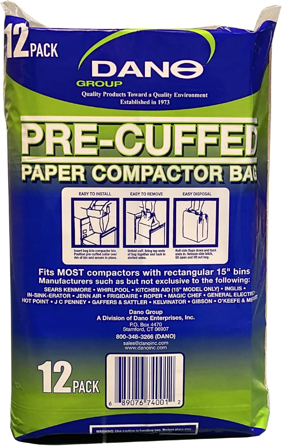 Dano Pre-Cuffed Compactor Bags (12 Pack) - Precuffed, Garbage Compactor, Kitchen Lining, Hardware for Home Use, Durable Material, Kitchen Essential, Paper & Plastic Lined Bags
