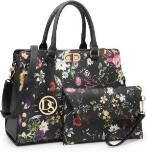 Dasein Women Medium Satchel Handbag Work Tote Shoulder Bag Top Handle Purse with Matching Clutch 2pcs Set