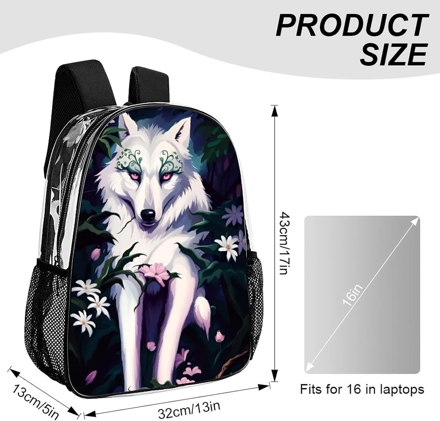 Daypack Bookbag Anti-Theft Multipurpose Large Capacity Bookbag - Beautiful Wolf Pink Flowers Art Travel Hiking & Camping Rucksack Transparent Bag