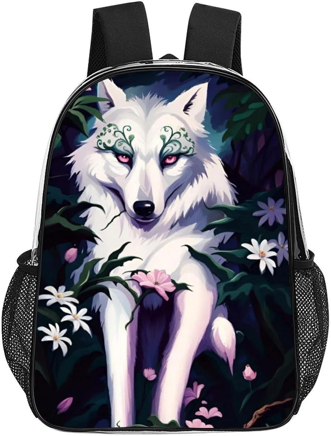 Daypack Bookbag Anti-Theft Multipurpose Large Capacity Bookbag - Beautiful Wolf Pink Flowers Art Travel Hiking & Camping Rucksack Transparent Bag