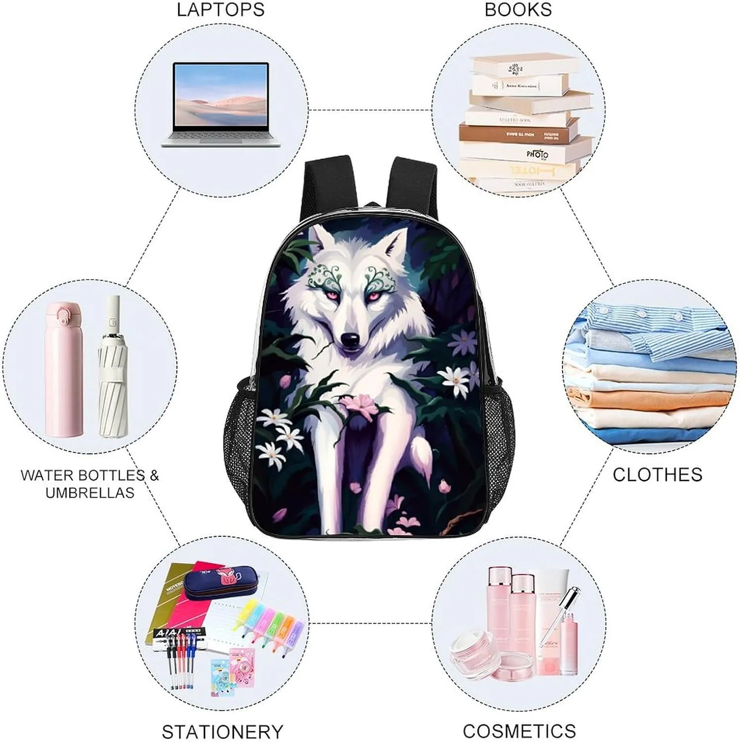 Daypack Bookbag Anti-Theft Multipurpose Large Capacity Bookbag - Beautiful Wolf Pink Flowers Art Travel Hiking & Camping Rucksack Transparent Bag