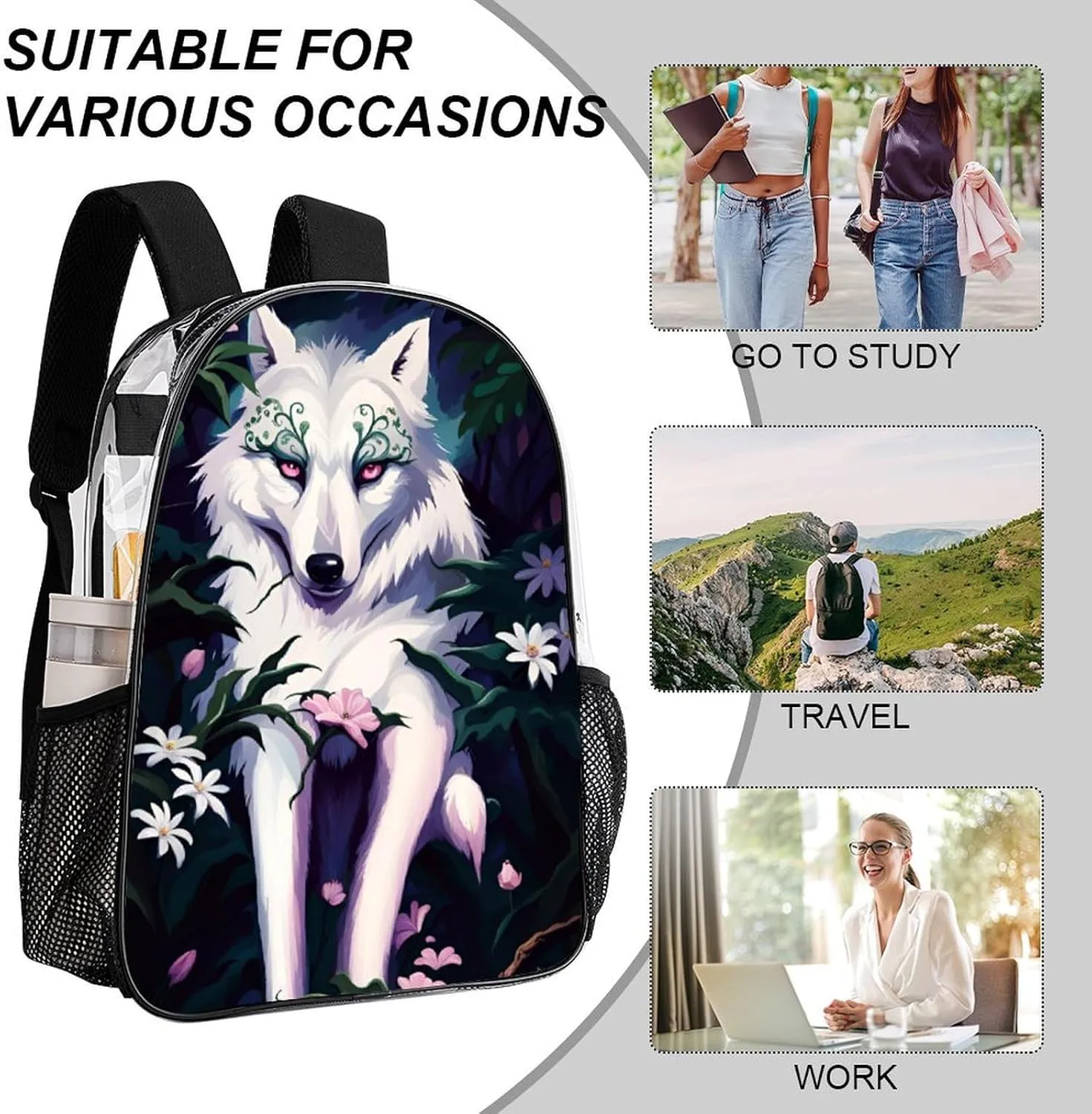 Daypack Bookbag Anti-Theft Multipurpose Large Capacity Bookbag - Beautiful Wolf Pink Flowers Art Travel Hiking & Camping Rucksack Transparent Bag