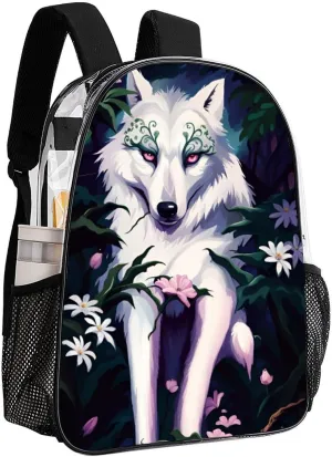 Daypack Bookbag Anti-Theft Multipurpose Large Capacity Bookbag - Beautiful Wolf Pink Flowers Art Travel Hiking & Camping Rucksack Transparent Bag