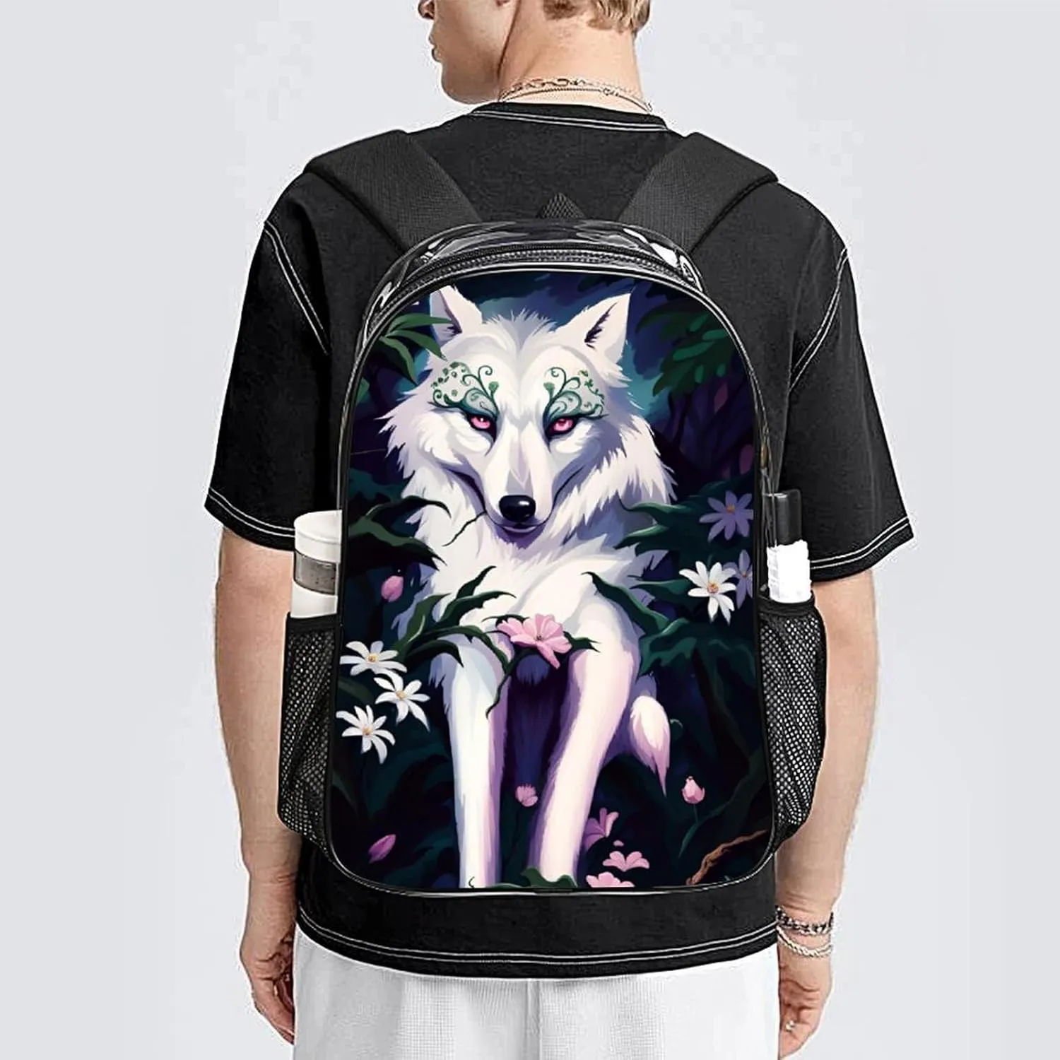 Daypack Bookbag Anti-Theft Multipurpose Large Capacity Bookbag - Beautiful Wolf Pink Flowers Art Travel Hiking & Camping Rucksack Transparent Bag