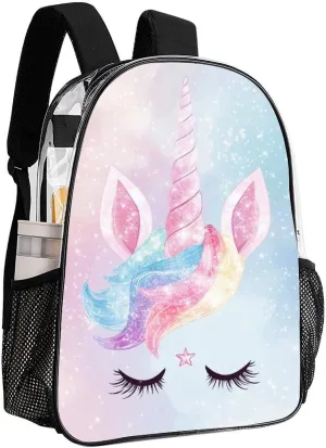 Daypack Bookbag Multipurpose Anti-Theft Big Capacity Carry On Bag - Cute Magical Rainbow Unicorns Face Travel Hiking & Camping Rucksack Transparent Bag