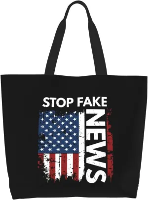 Defund The Media Fake News Canvas Tote Bags for Women, Ladies Shoulder Handbags Large Purse Lightweight Foldable Reusable Shopping Bag with Pockets for Work, Travel, 15.7x19.7in
