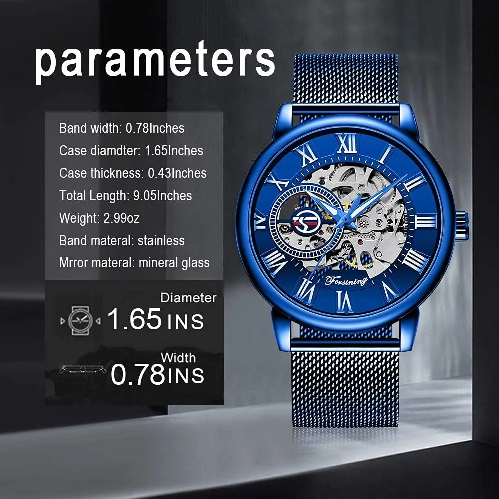 Dentily Men's Skeleton Watch Classic Roman Numeral Steampunk Mechanical Watch Hand-Wind Mens Watches (Blue)