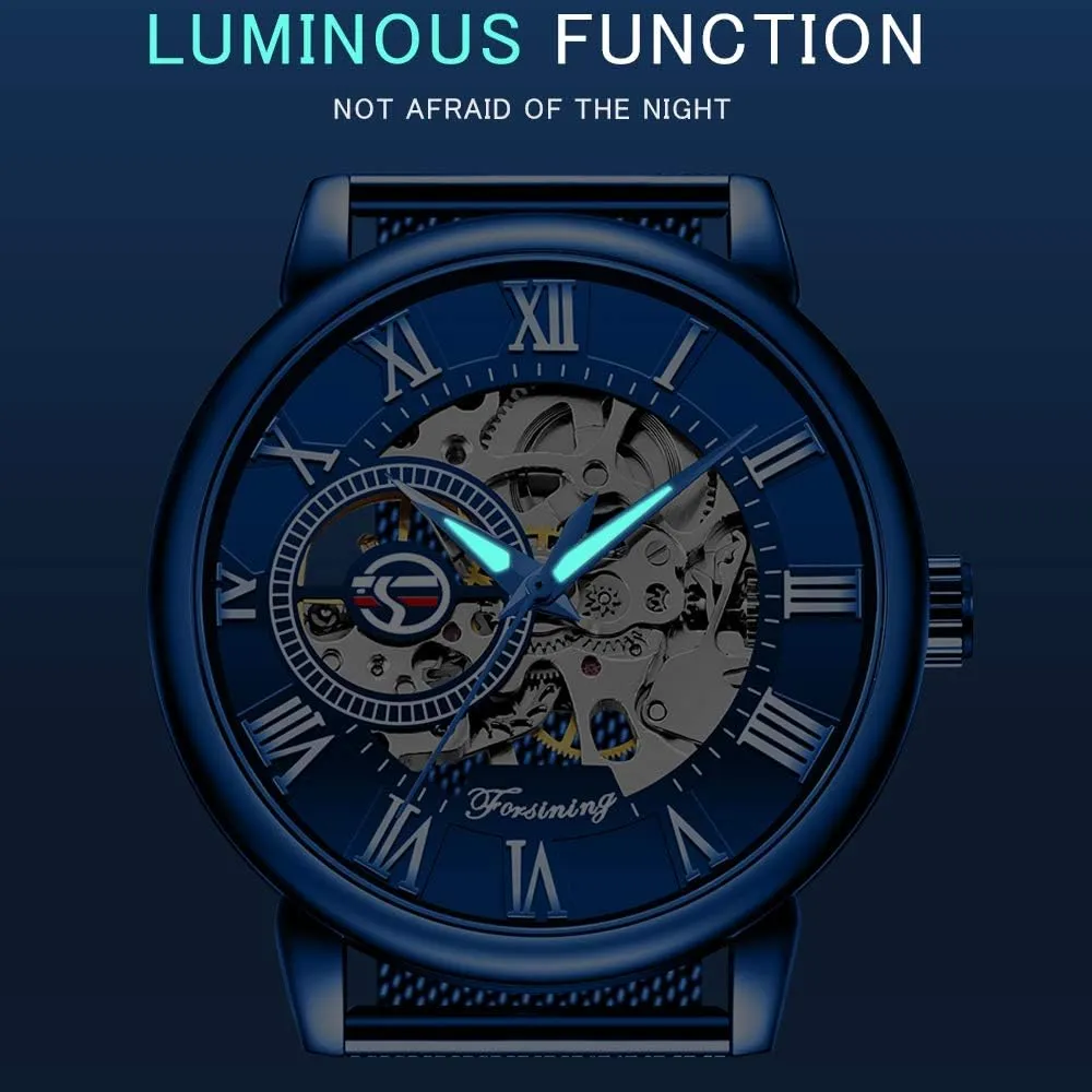 Dentily Men's Skeleton Watch Classic Roman Numeral Steampunk Mechanical Watch Hand-Wind Mens Watches (Blue)