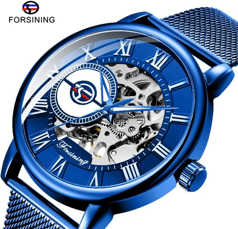 Dentily Men's Skeleton Watch Classic Roman Numeral Steampunk Mechanical Watch Hand-Wind Mens Watches (Blue)