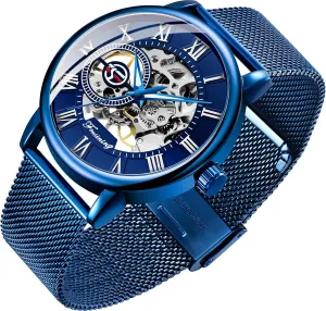 Dentily Men's Skeleton Watch Classic Roman Numeral Steampunk Mechanical Watch Hand-Wind Mens Watches (Blue)