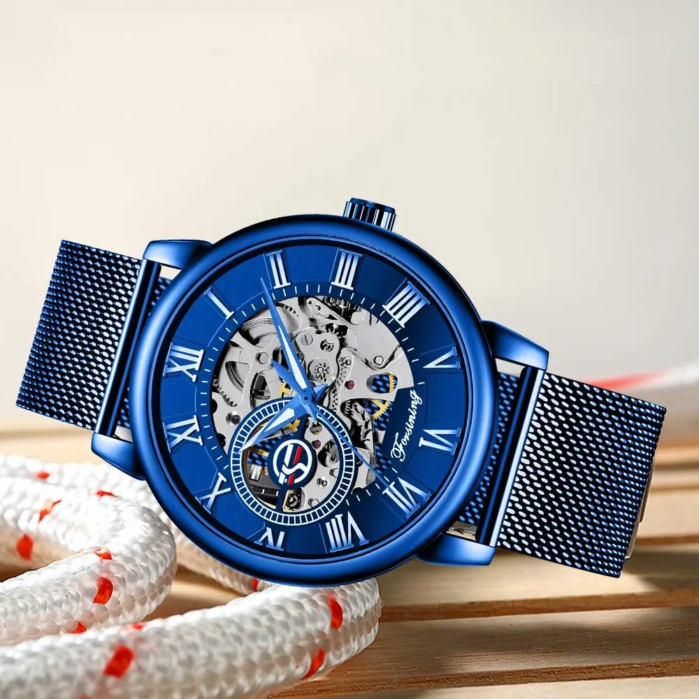 Dentily Men's Skeleton Watch Classic Roman Numeral Steampunk Mechanical Watch Hand-Wind Mens Watches (Blue)