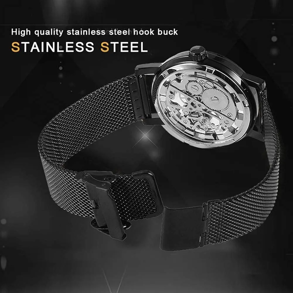 Dentily Men's Skeleton Watch Classic Roman Numeral Steampunk Mechanical Watch Hand-Wind Mens Watches (Blue)
