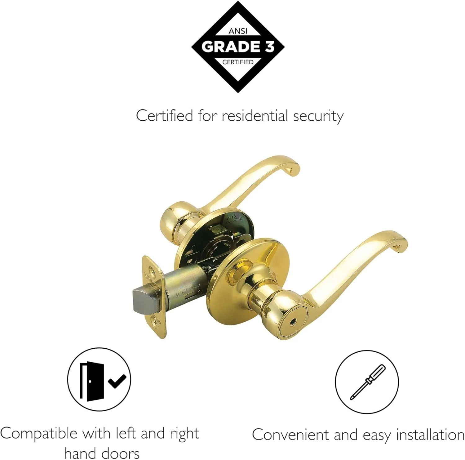 Design House 783043 Scroll Privacy Bed and Bath Door Lever Polished Brass