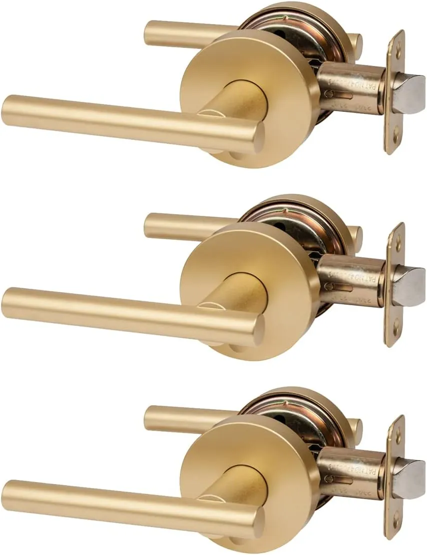 Designers Impressions Kain Design Satin Brass Privacy Euro Door Lever Hardware (Bed and Bath), 3 Pack