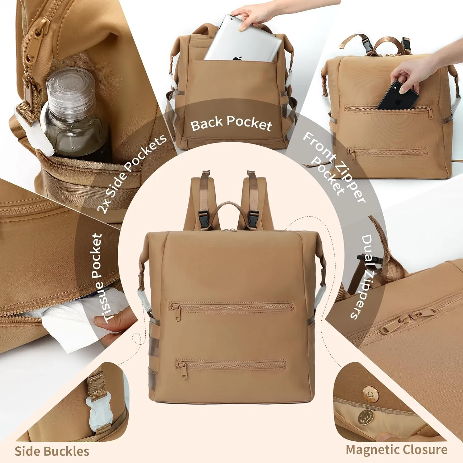 Diaper Bag Backpack,Large Neoprene Baby Bag for Boys Girls with 15 Diaper Bag Organizer,2 Insulated Pockets,Changing Pad,Stroller Straps,Brown