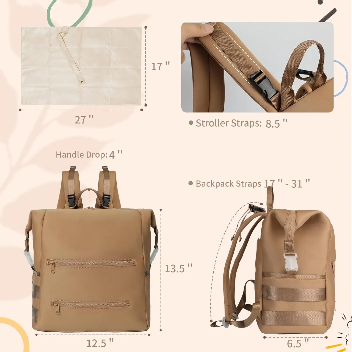 Diaper Bag Backpack,Large Neoprene Baby Bag for Boys Girls with 15 Diaper Bag Organizer,2 Insulated Pockets,Changing Pad,Stroller Straps,Brown