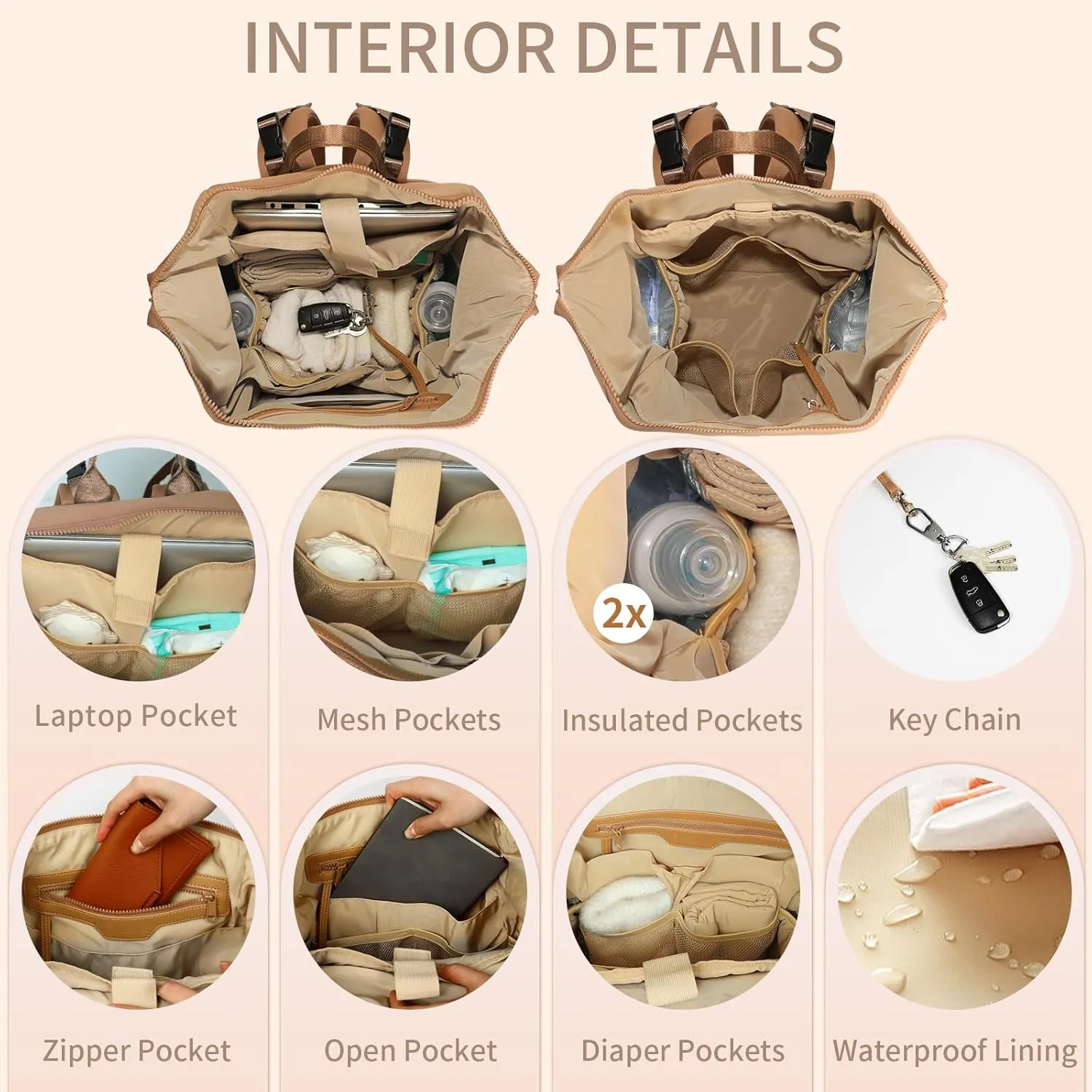 Diaper Bag Backpack,Large Neoprene Baby Bag for Boys Girls with 15 Diaper Bag Organizer,2 Insulated Pockets,Changing Pad,Stroller Straps,Brown