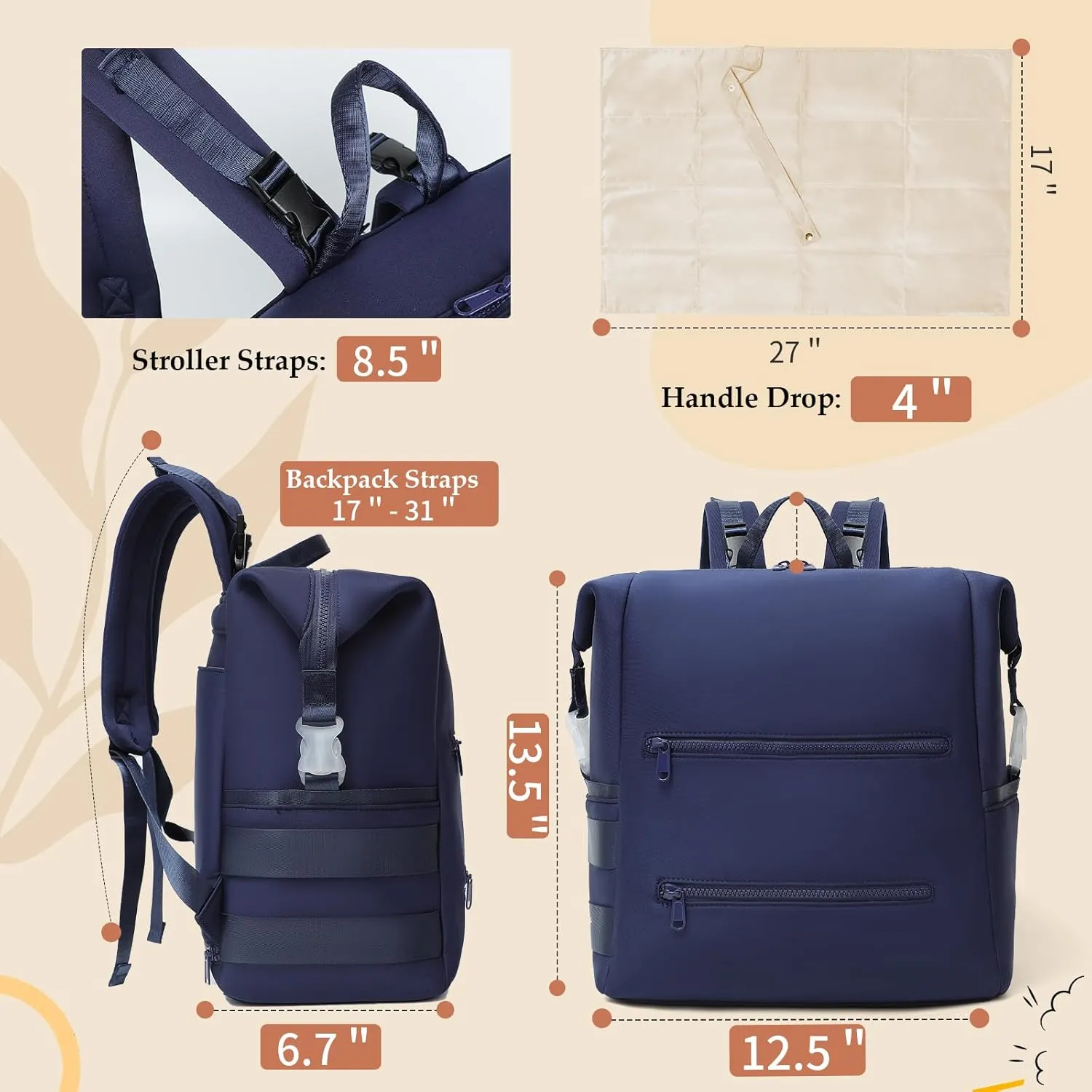 Diaper Bag Backpack,Large Neoprene Baby Bag for Boys Girls with 15 Diaper Bag Organizer,2 Insulated Pockets,Changing Pad,Stroller Straps,Navy Blue