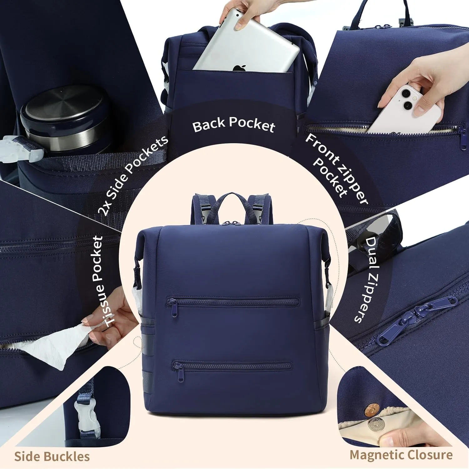 Diaper Bag Backpack,Large Neoprene Baby Bag for Boys Girls with 15 Diaper Bag Organizer,2 Insulated Pockets,Changing Pad,Stroller Straps,Navy Blue