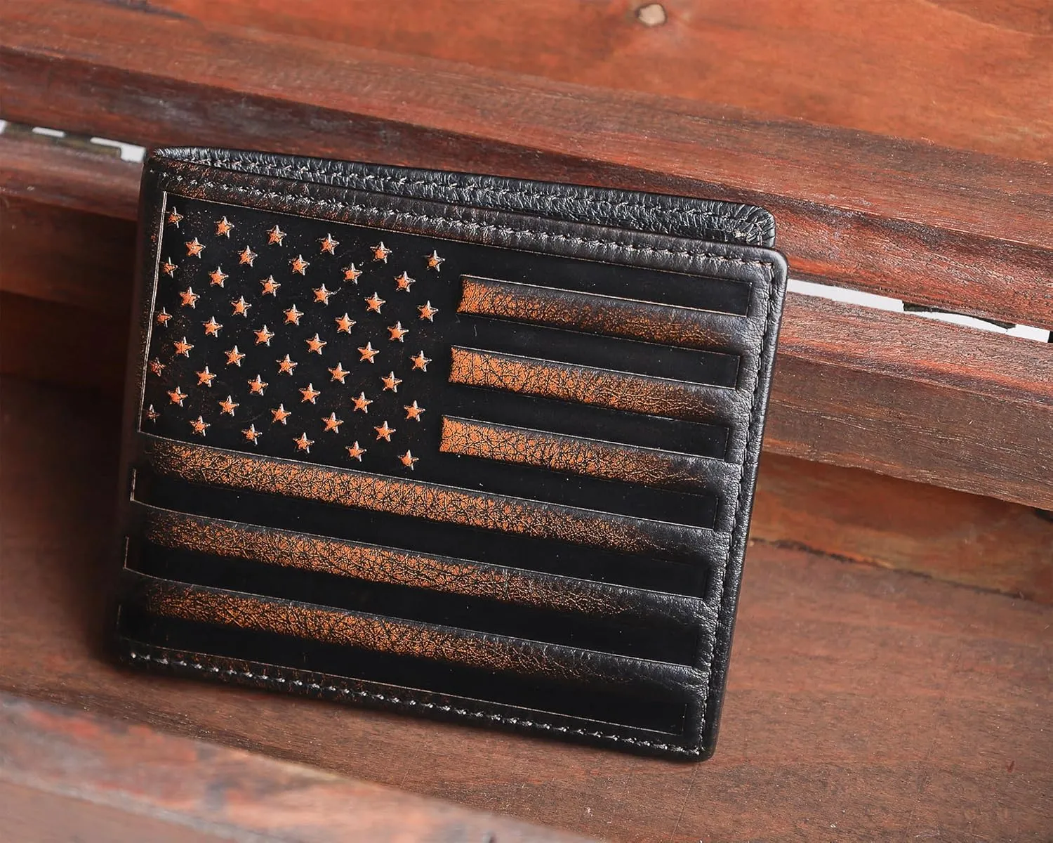 DK86 Mens Wallet USA Flag Bifold Wallet for Men RFID Blocking Full Grain Leather With Hand Burnished Extra Capacity Multiple Card Slots with 2 ID Windows