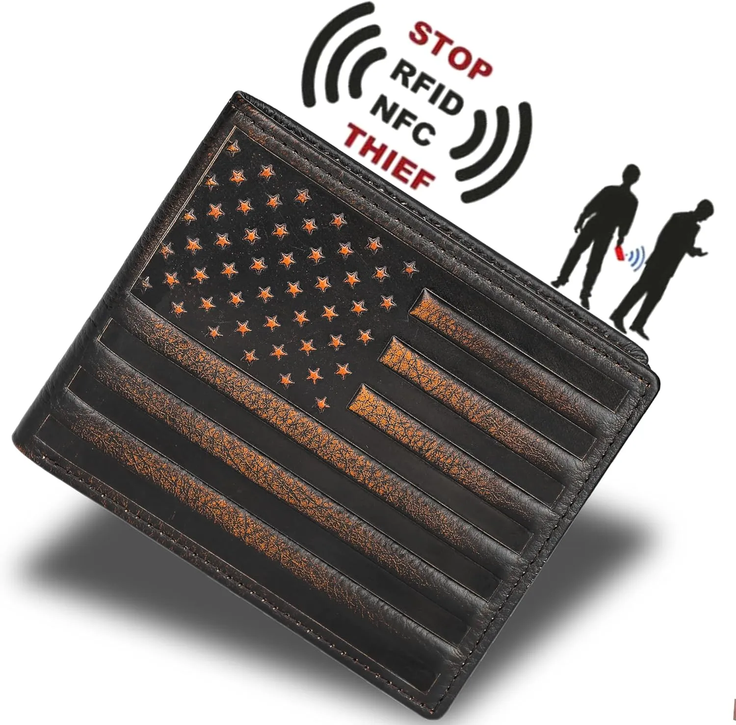 DK86 Mens Wallet USA Flag Bifold Wallet for Men RFID Blocking Full Grain Leather With Hand Burnished Extra Capacity Multiple Card Slots with 2 ID Windows