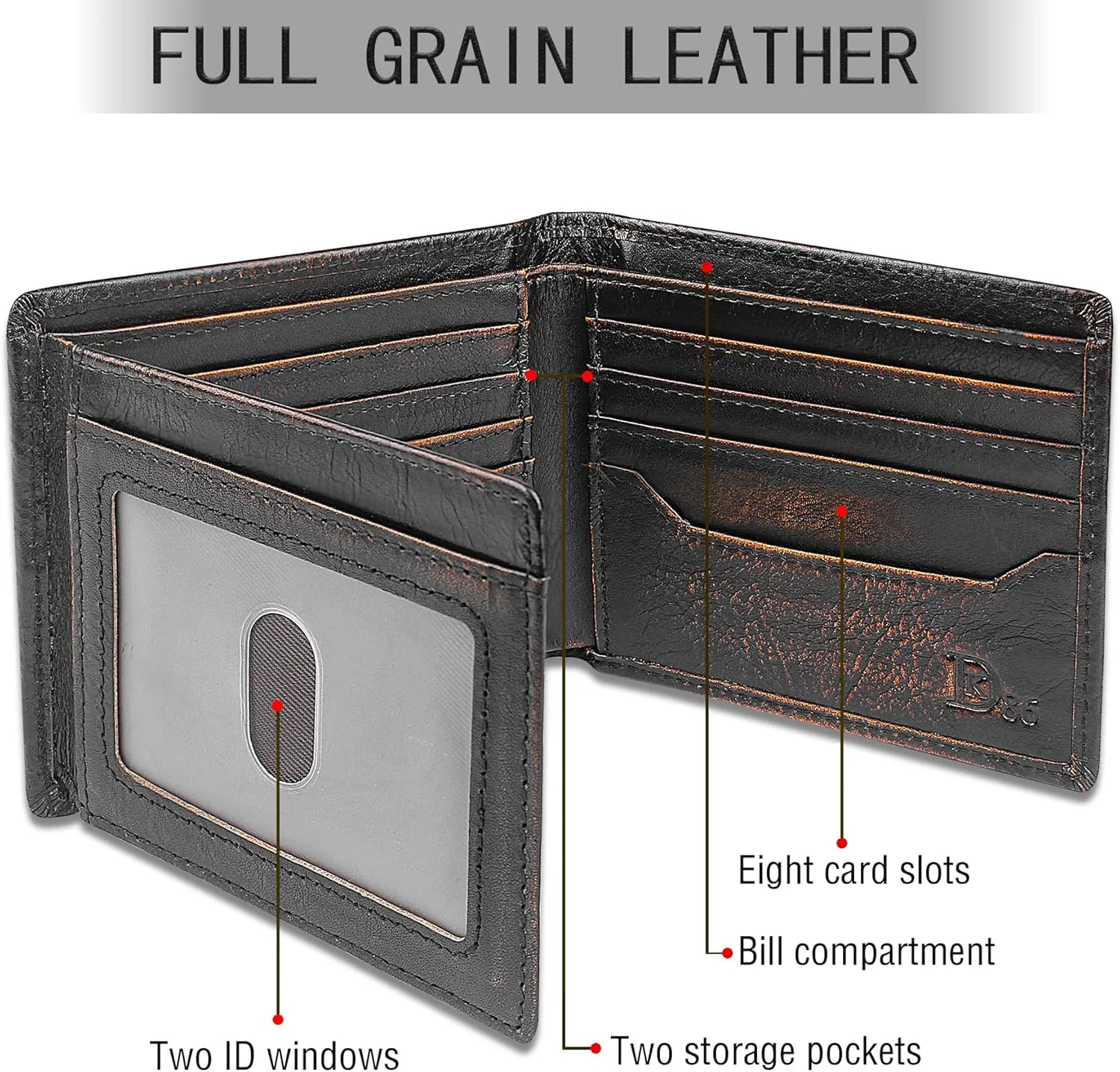 DK86 Mens Wallet USA Flag Bifold Wallet for Men RFID Blocking Full Grain Leather With Hand Burnished Extra Capacity Multiple Card Slots with 2 ID Windows