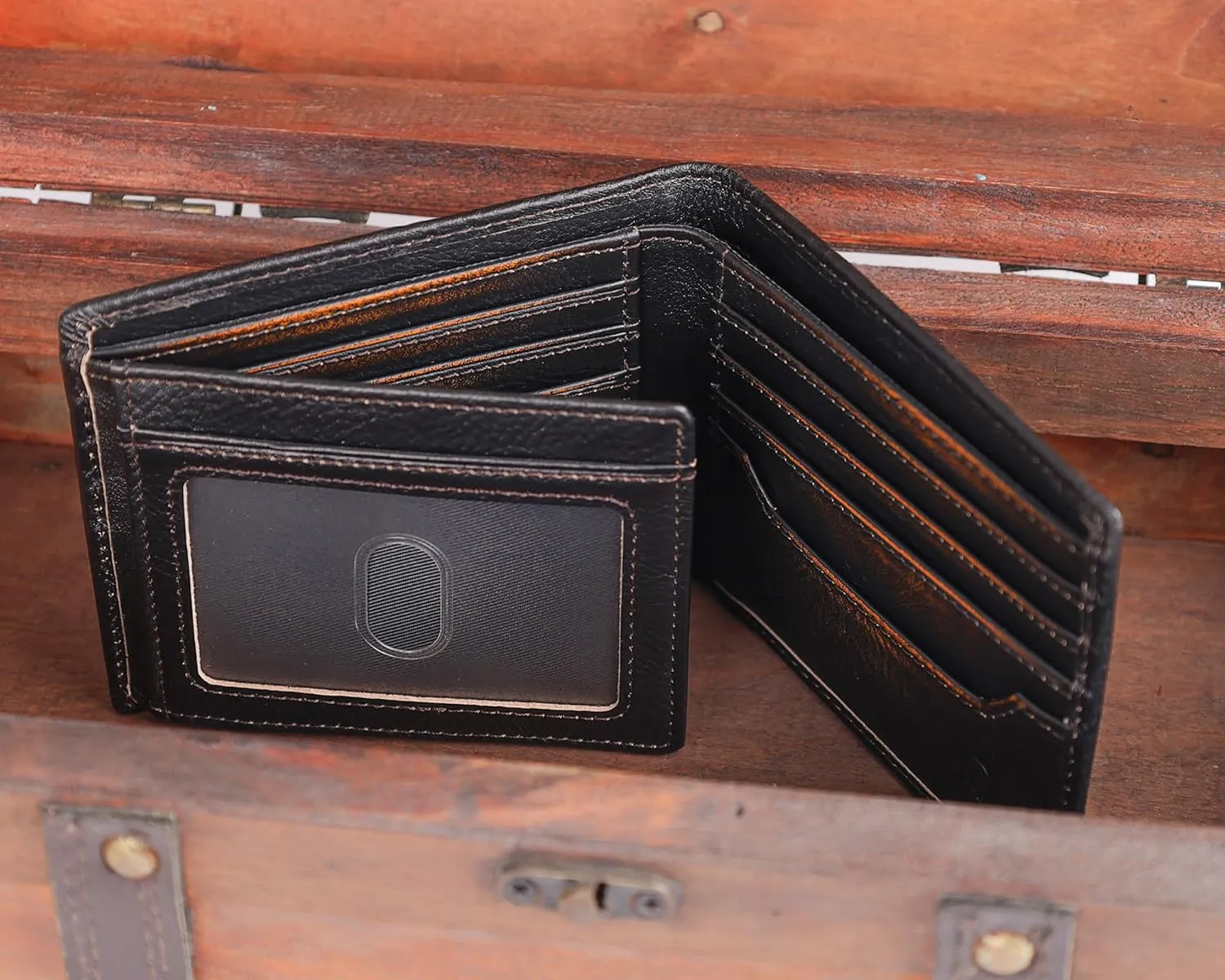 DK86 Mens Wallet USA Flag Bifold Wallet for Men RFID Blocking Full Grain Leather With Hand Burnished Extra Capacity Multiple Card Slots with 2 ID Windows
