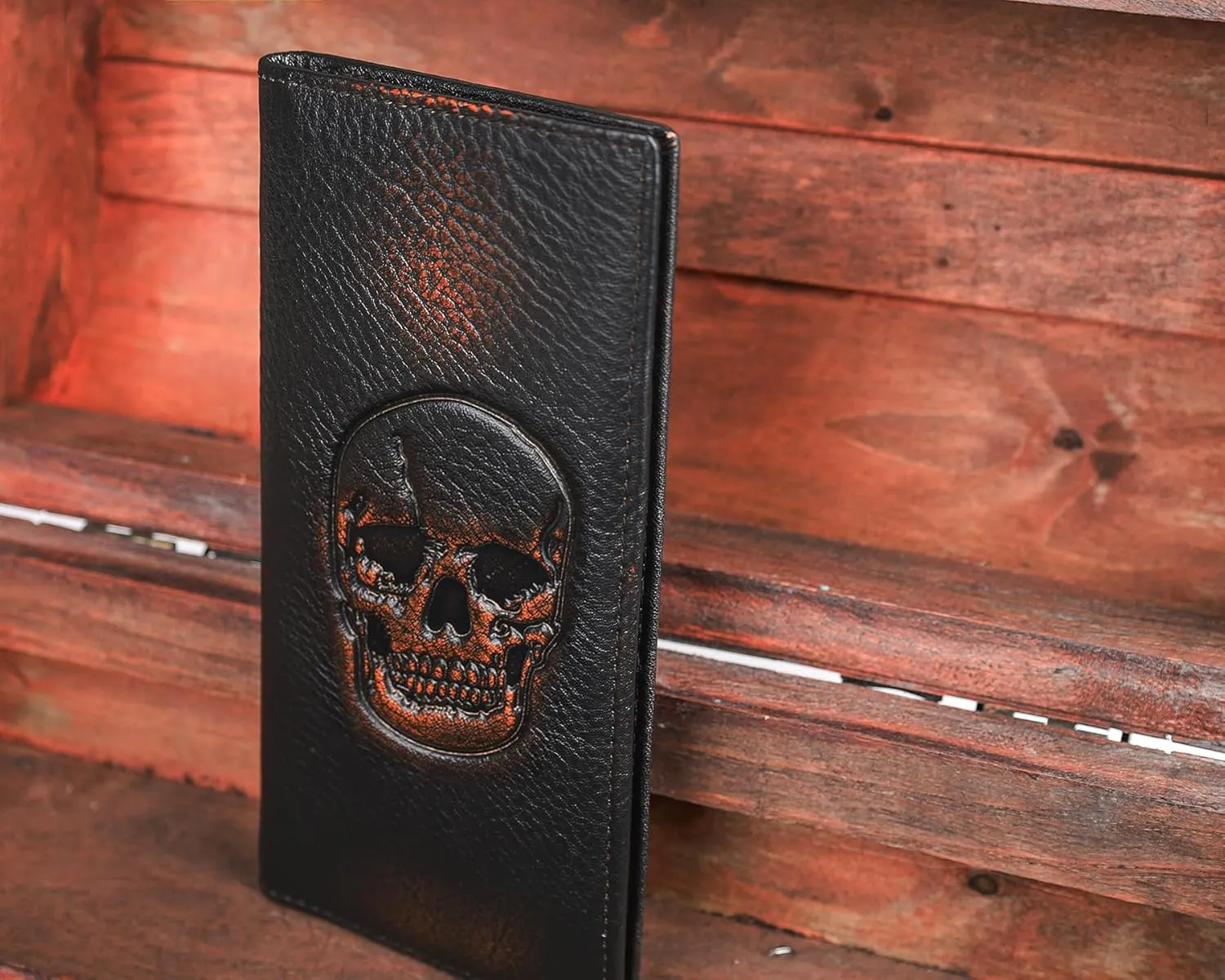 DK86 Skull Long Wallet For Men Full Grain Leather with Hand Burnished Rfid Blocking Rodeo Wallet Bifold Wallet Skull Wallet B