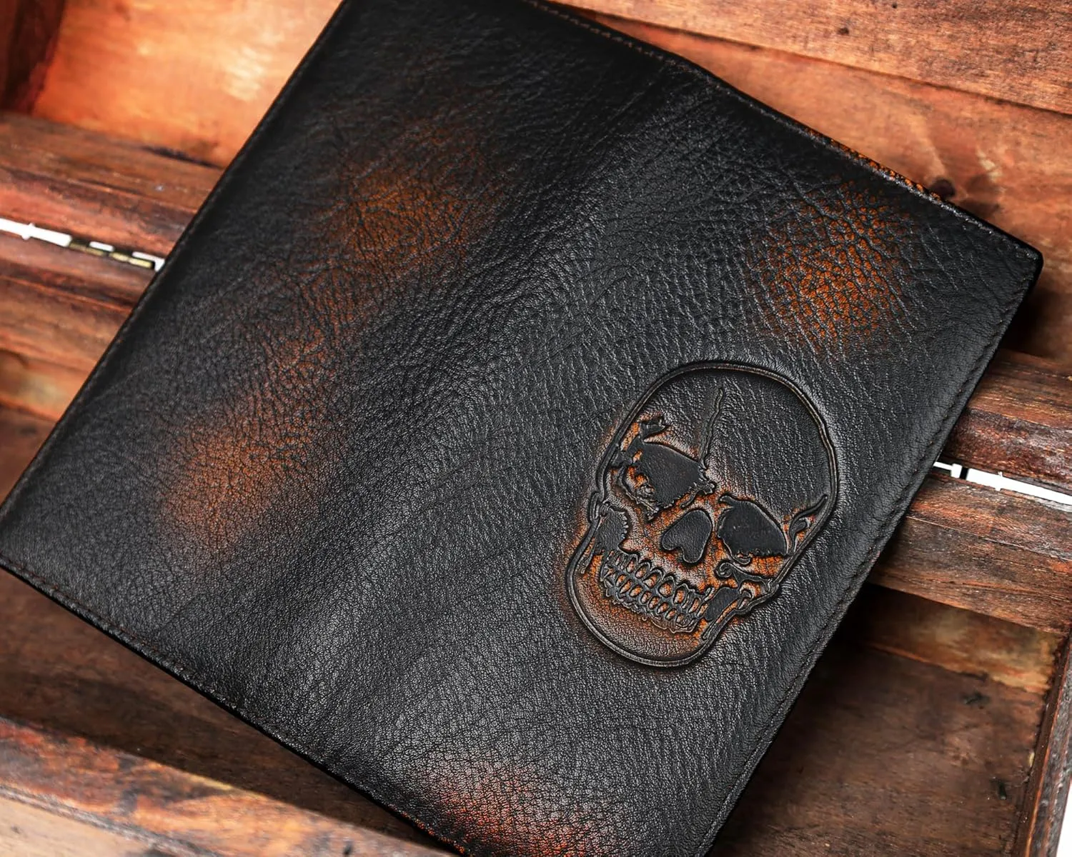 DK86 Skull Long Wallet For Men Full Grain Leather with Hand Burnished Rfid Blocking Rodeo Wallet Bifold Wallet Skull Wallet B