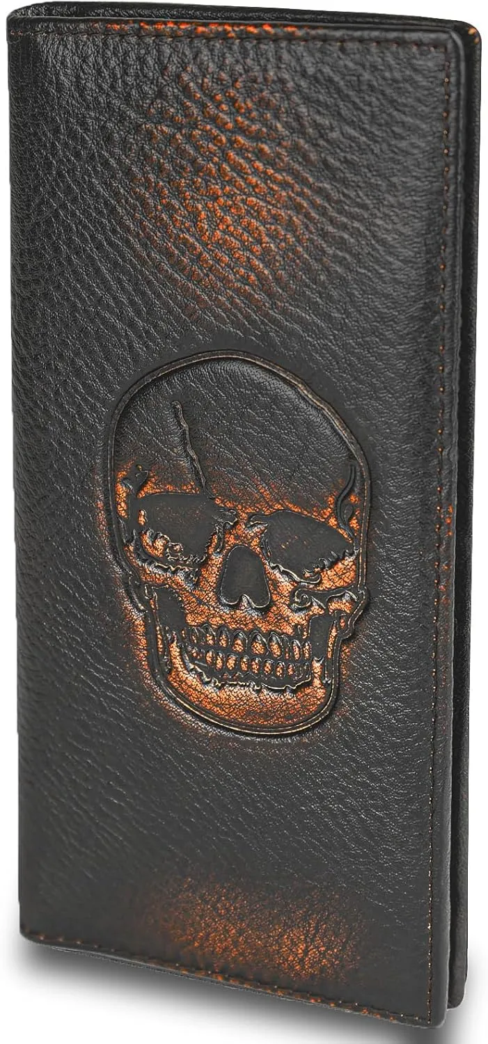 DK86 Skull Long Wallet For Men Full Grain Leather with Hand Burnished Rfid Blocking Rodeo Wallet Bifold Wallet Skull Wallet B