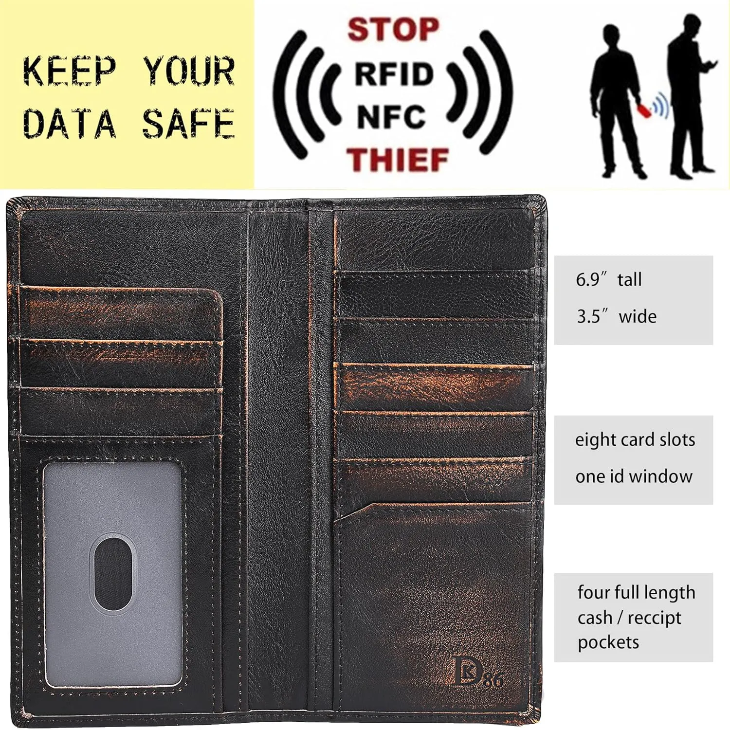 DK86 Skull Long Wallet For Men Full Grain Leather with Hand Burnished Rfid Blocking Rodeo Wallet Bifold Wallet Skull Wallet B