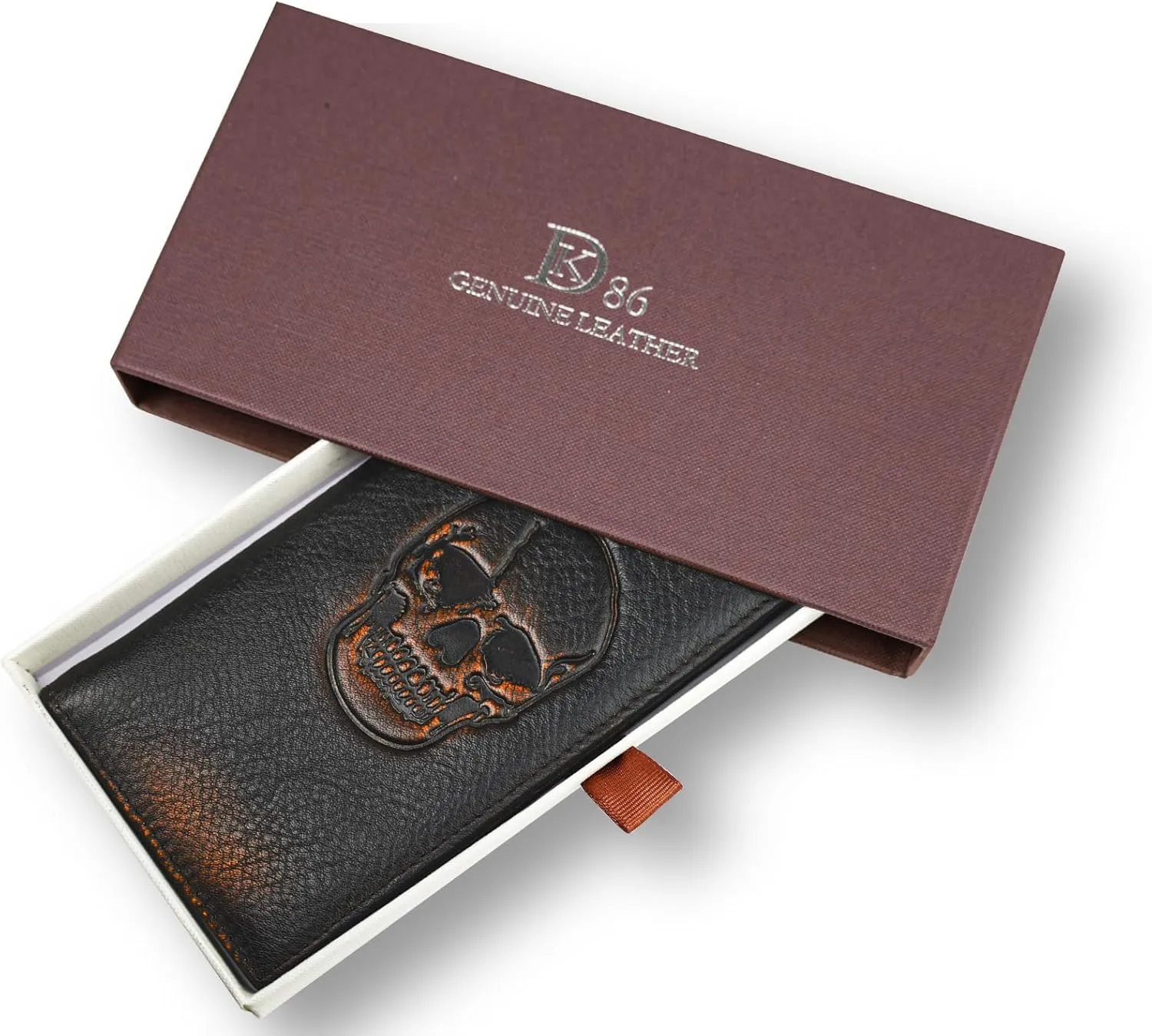 DK86 Skull Long Wallet For Men Full Grain Leather with Hand Burnished Rfid Blocking Rodeo Wallet Bifold Wallet Skull Wallet B