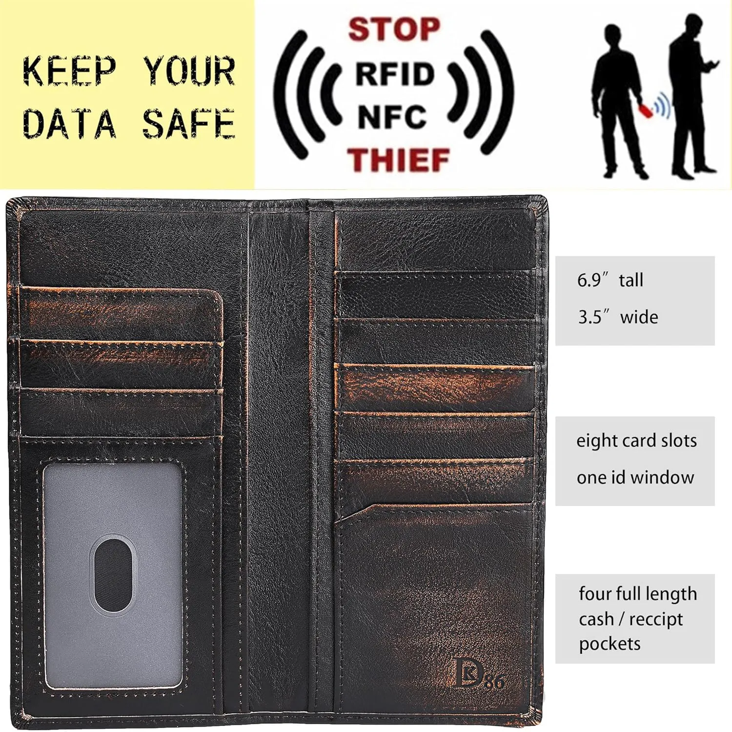 DK86 Skull Long Wallet For Men Full Grain Leather with Hand Burnished Rfid Blocking Rodeo Wallet Bifold Wallet Skull Wallet