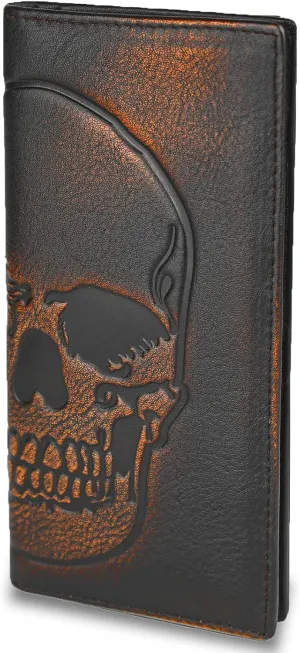 DK86 Skull Long Wallet For Men Full Grain Leather with Hand Burnished Rfid Blocking Rodeo Wallet Bifold Wallet Skull Wallet