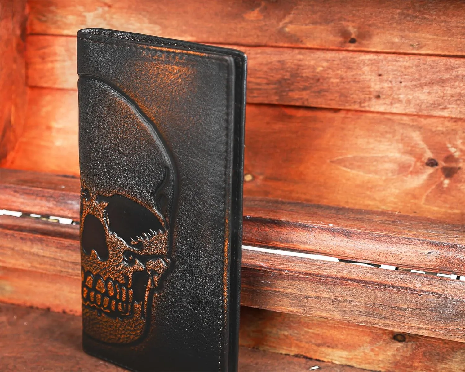 DK86 Skull Long Wallet For Men Full Grain Leather with Hand Burnished Rfid Blocking Rodeo Wallet Bifold Wallet Skull Wallet